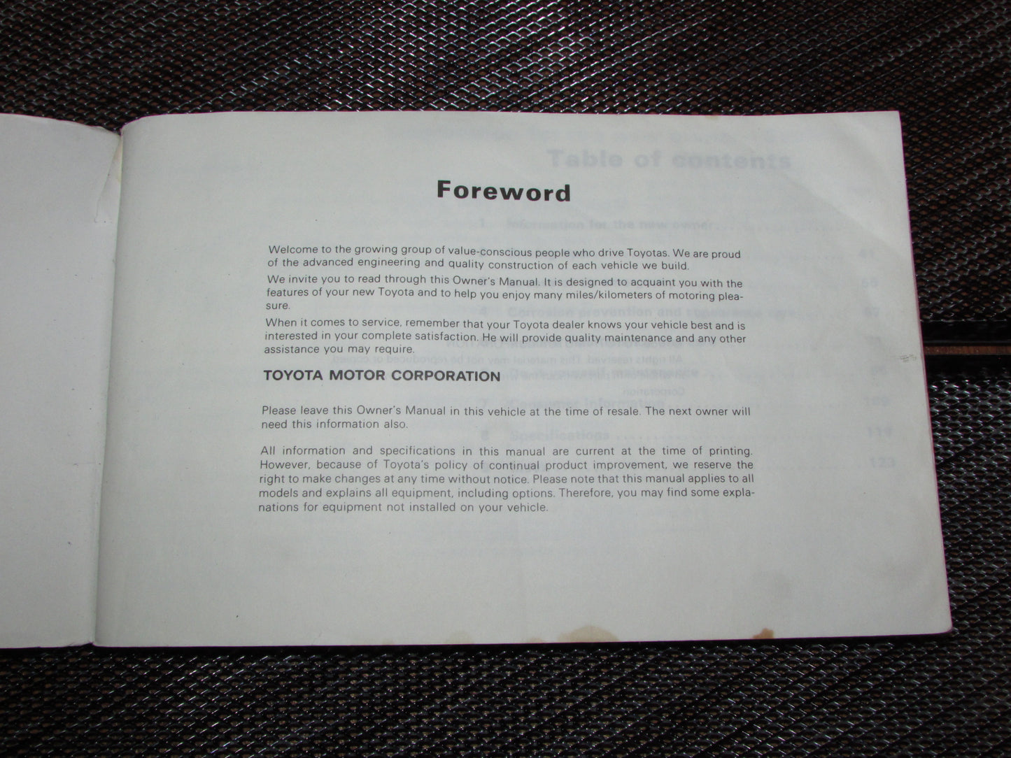 Toyota MR2 (1986) Owners Manual