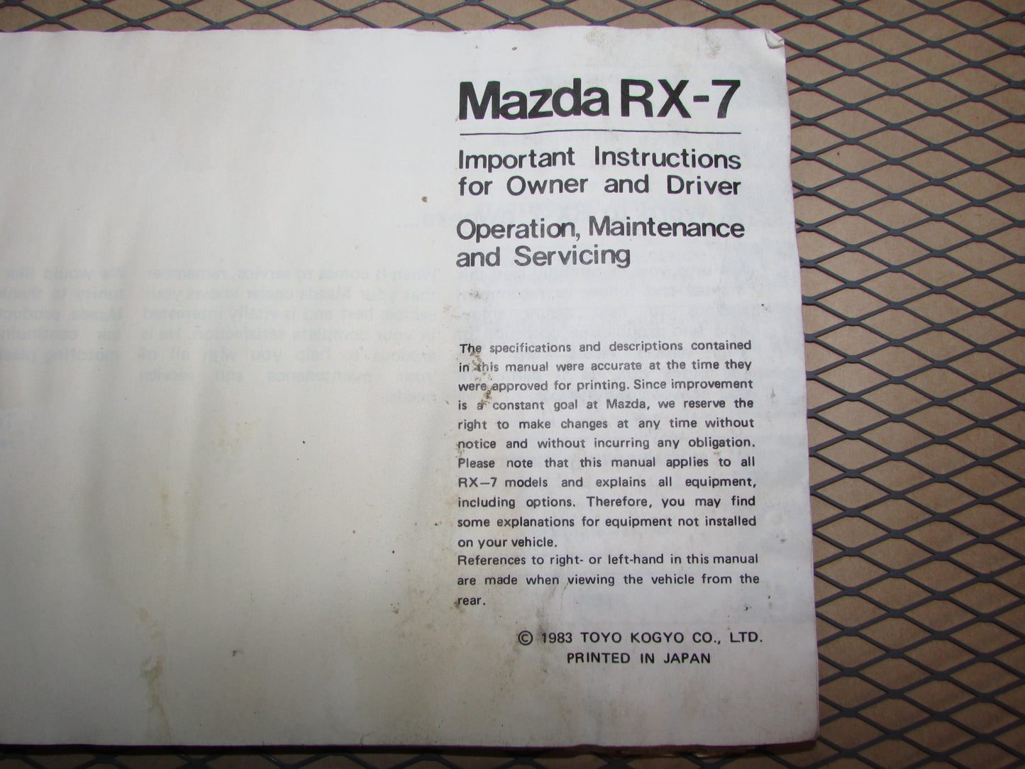Mazda RX7 (1984) Owners Manual