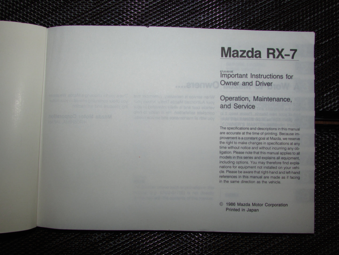Mazda RX7 (1987) Owners Manual