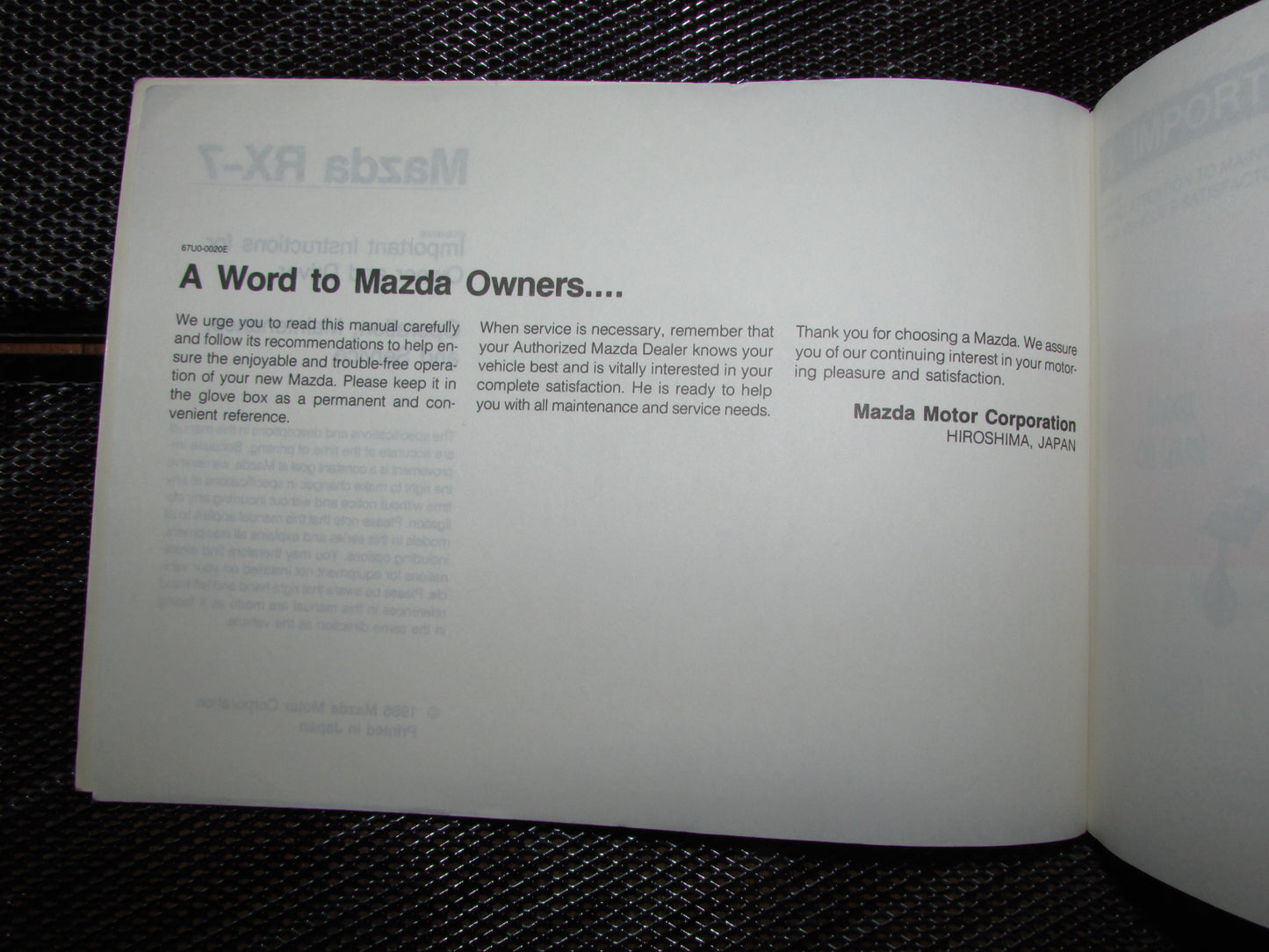 Mazda RX7 (1987) Owners Manual